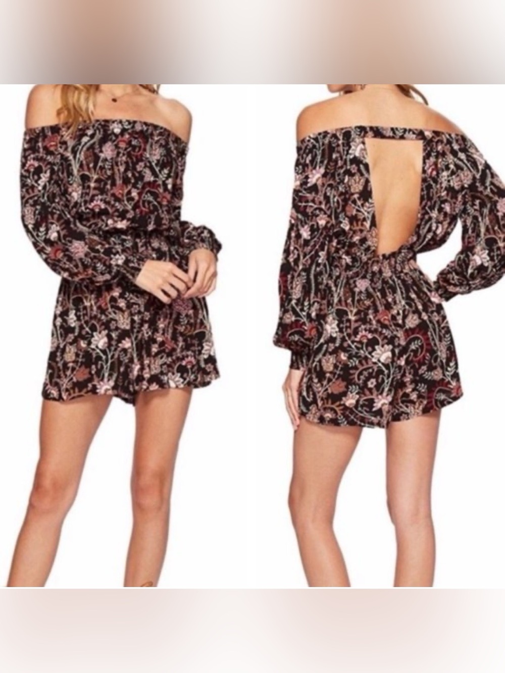 Free People Women's Floral Boho Open Back Long Sleeve Short Romper Medium M